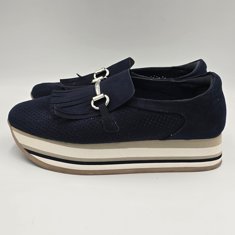 Crown & Ivy Women Navy Blue Suede Platform Kiltie Horsebit Loafers Size 7.5